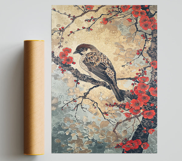 Red Blossoms And Sparrow Print