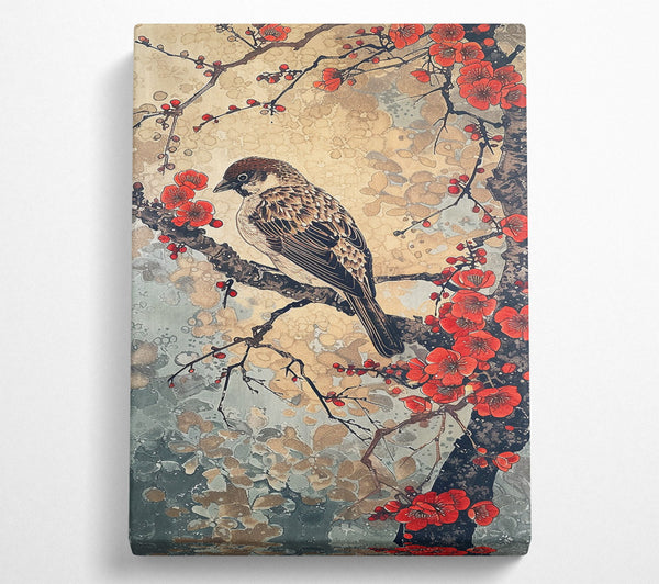  A Canvas Print of Red Blossoms And Sparrow Canvas Print