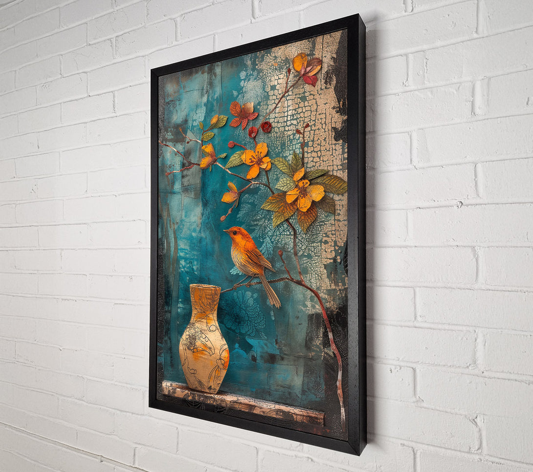  A Canvas Print of Teal Bird And Vase Canvas Wall Art