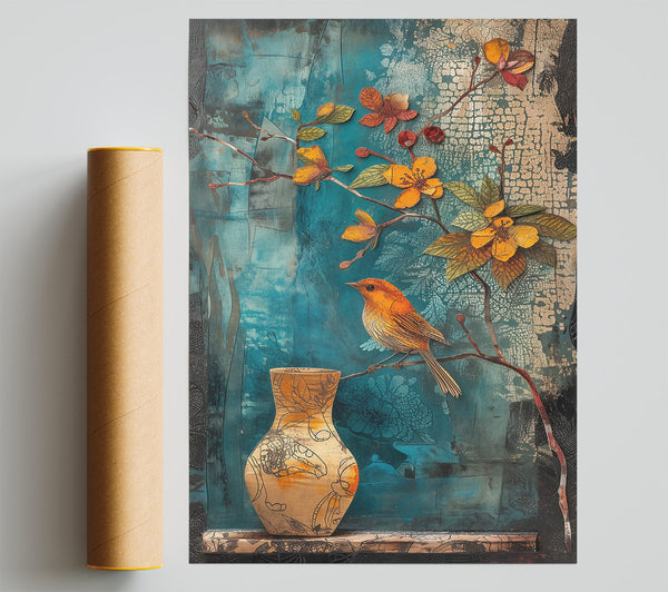 Teal Bird And Vase Poster