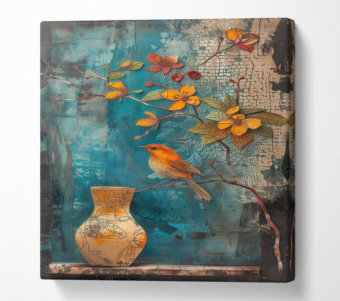  A Canvas Print of Teal Bird And Vase Canvas Wall Art
