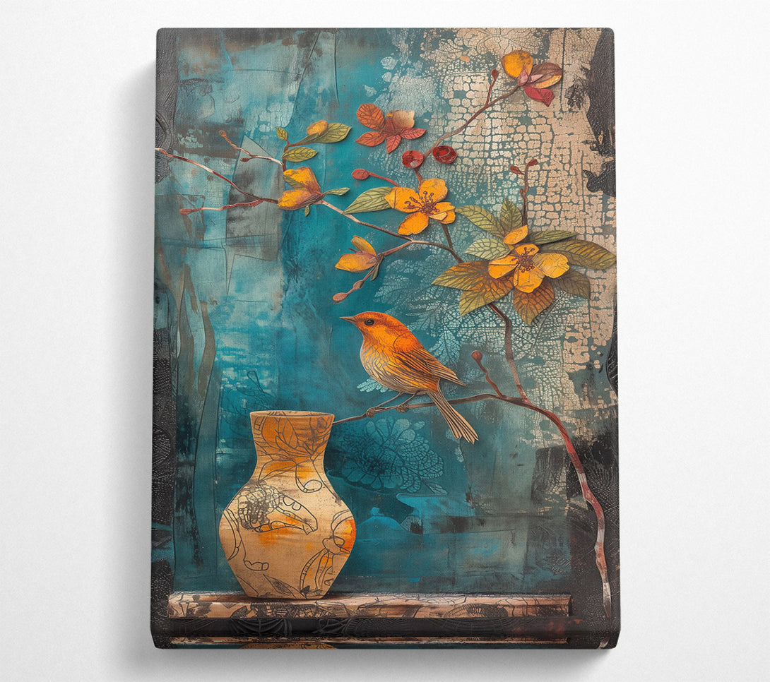  A Canvas Print of Teal Bird And Vase Canvas Wall Art
