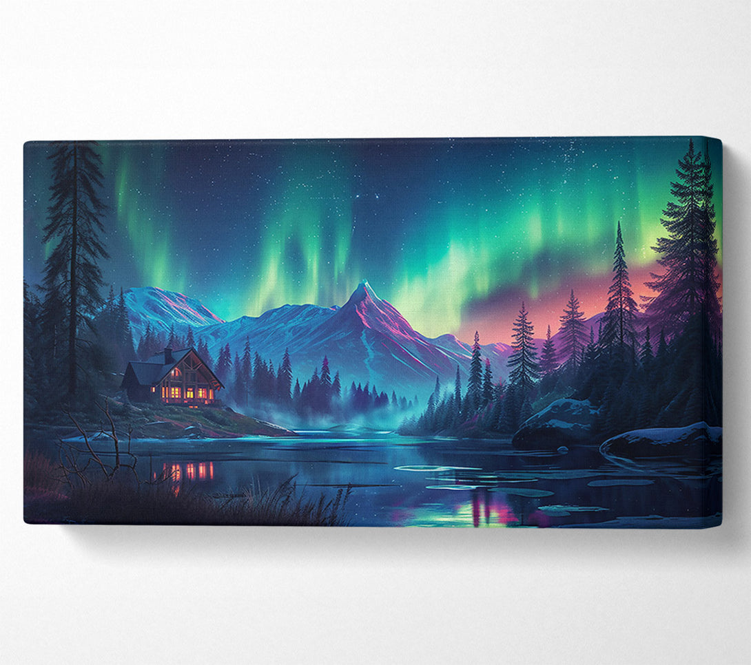  A Canvas Print of Green Lights Over Cabin Canvas Print