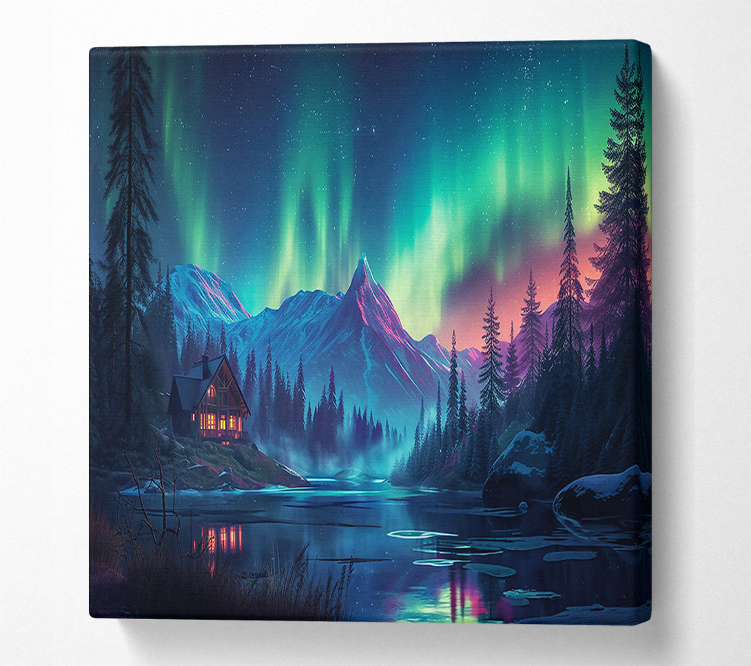  A Canvas Print of Green Lights Over Cabin Canvas Print