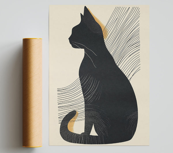 Black Cat In Gold Lines Poster