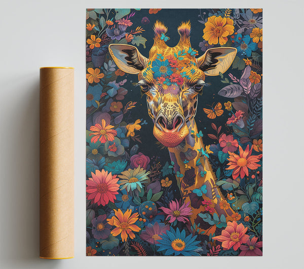 Golden Giraffe Blooms Giclee Print