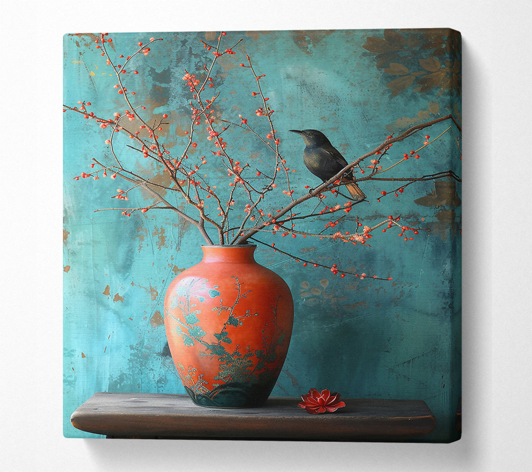  A Canvas Print of Crimson Bird And Vase Canvas Wall Art
