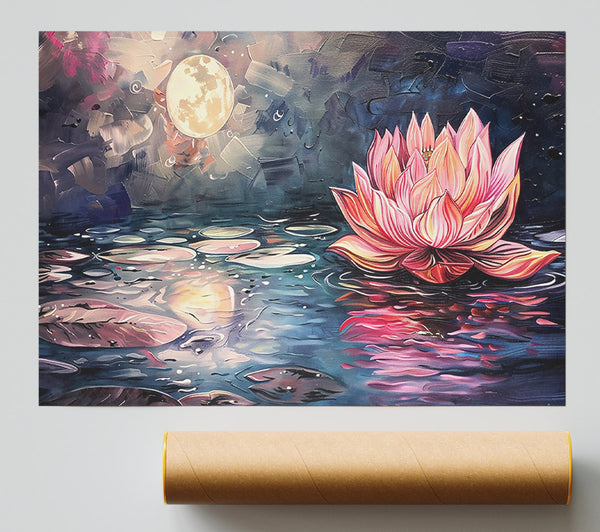 Pink Lotus Moonlit Night Giclee Print