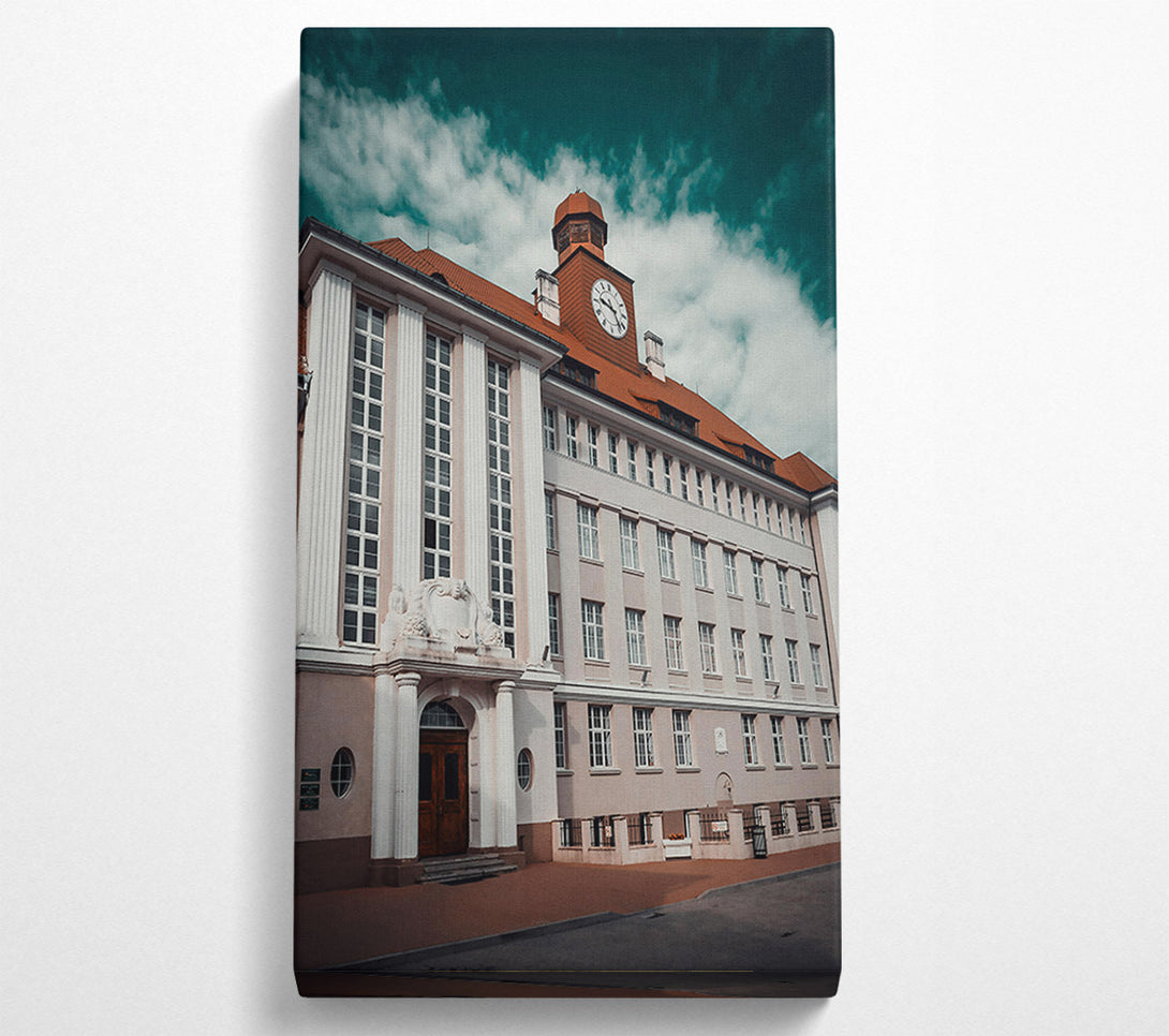  A Canvas Print of Teal Timepiece Building Canvas Print
