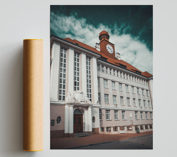 Teal Timepiece Building Poster