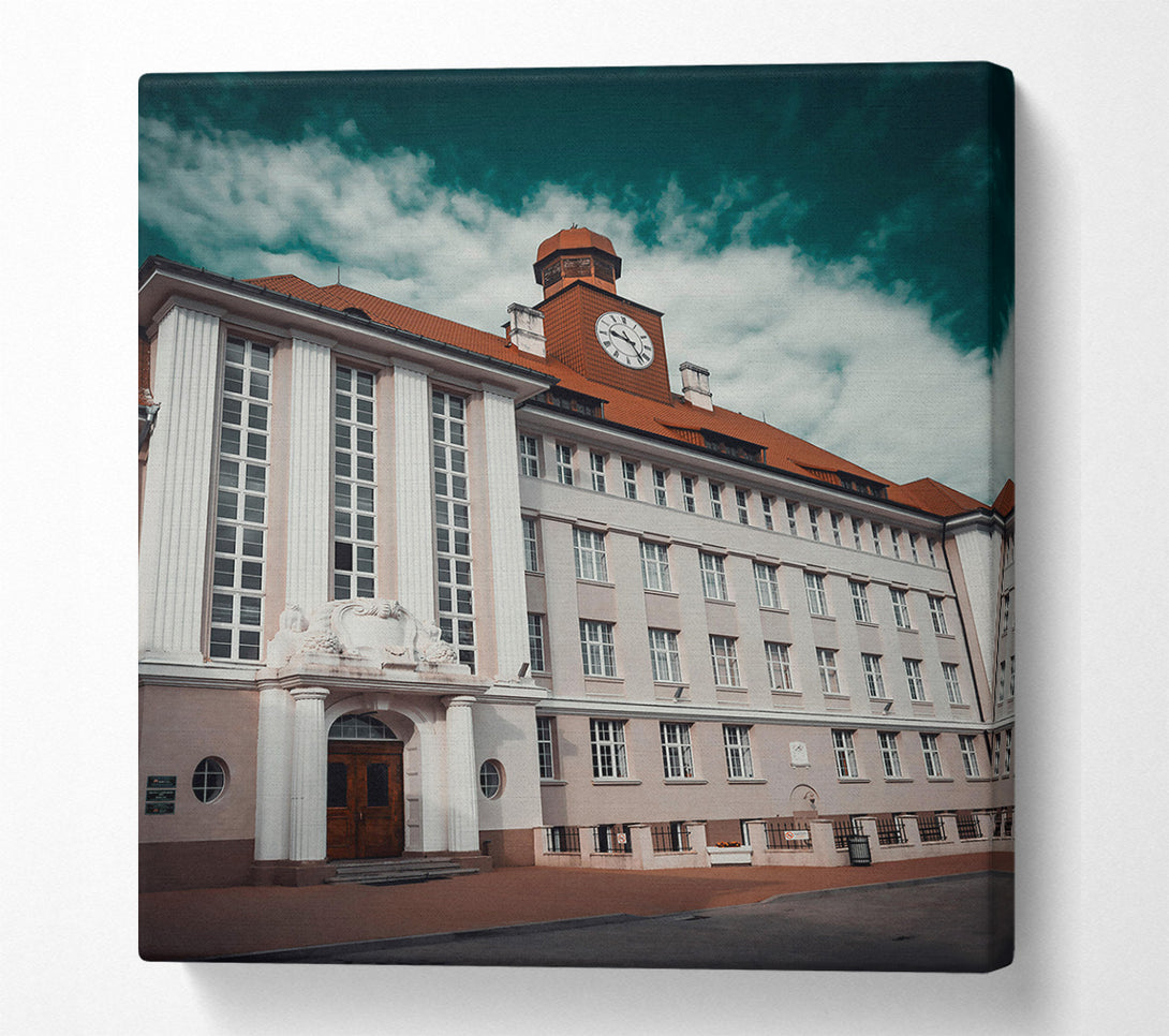  A Canvas Print of Teal Timepiece Building Canvas Print