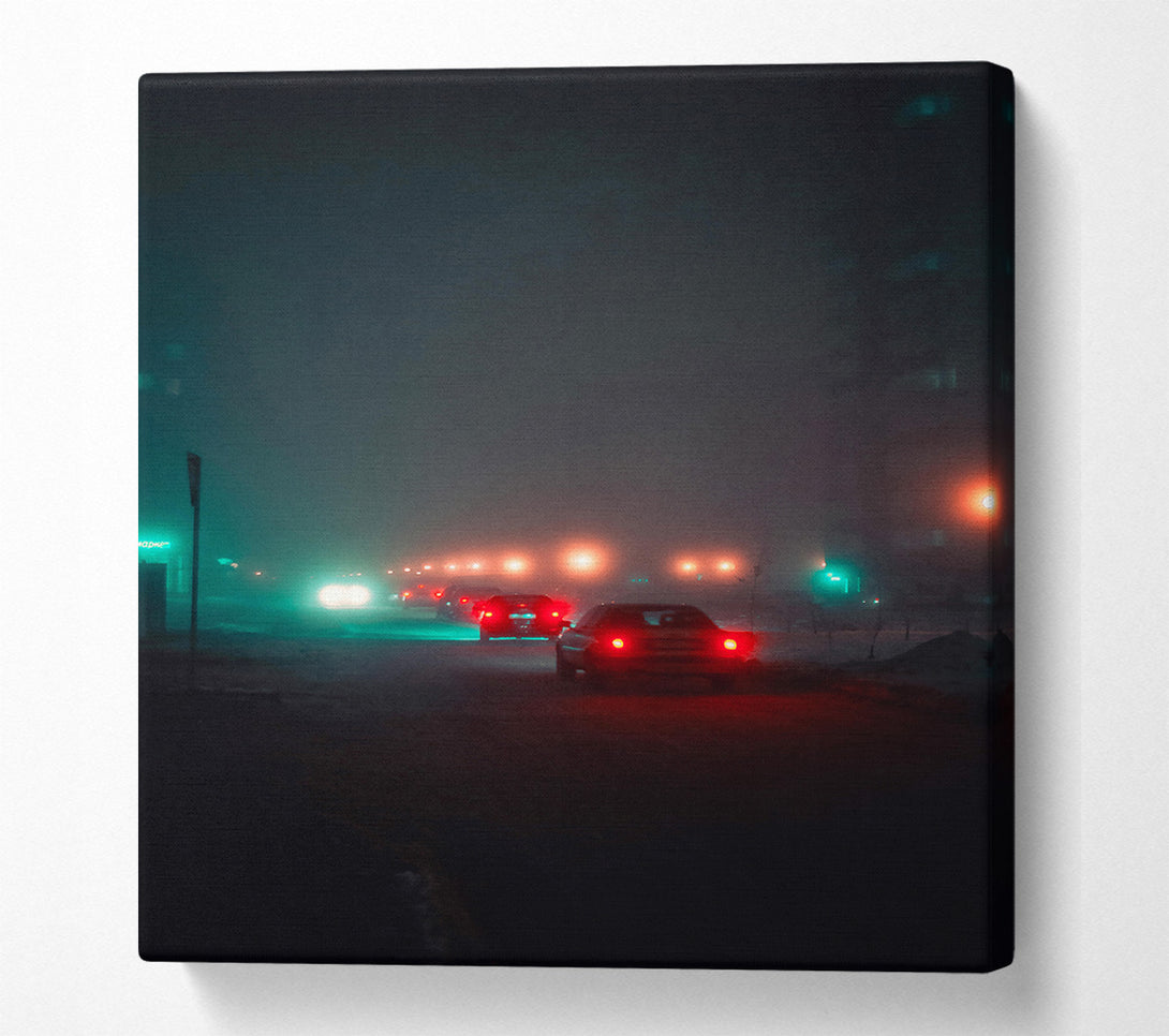  A Canvas Print of Teal Foggy Night Drive Canvas Wall Art