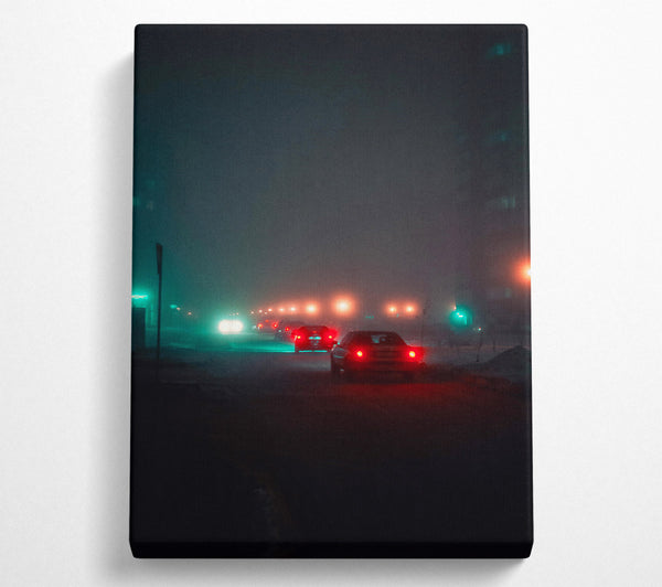  A Canvas Print of Teal Foggy Night Drive Canvas Wall Art