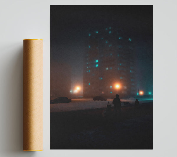 Teal Foggy Cityscape Print