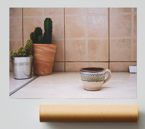 White Cup With Blue Trim Print