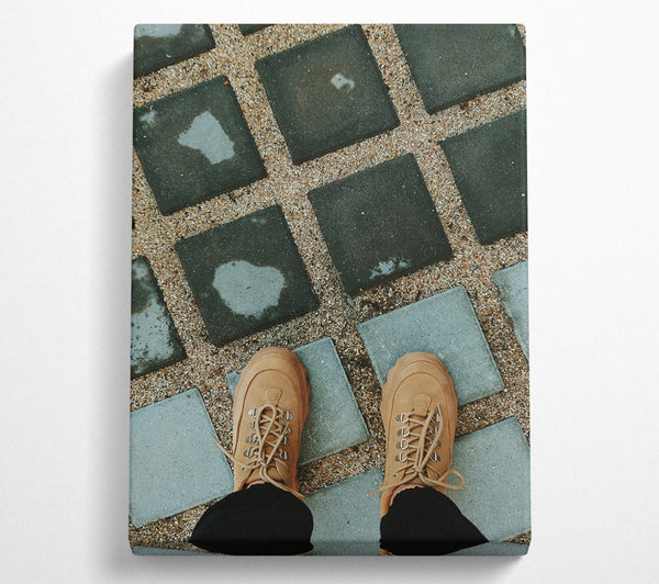  A Canvas Print of Tan Shoes On Grey Tiles Canvas Print