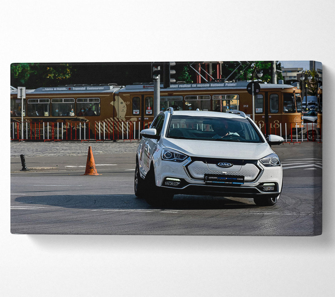  A Canvas Print of White Car Turning Canvas Art