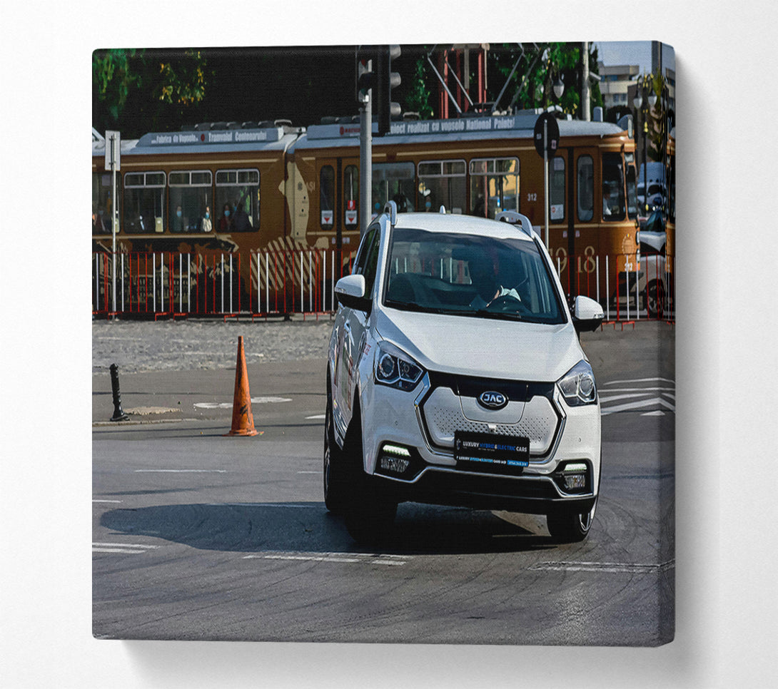 A Canvas Print of White Car Turning Canvas Art