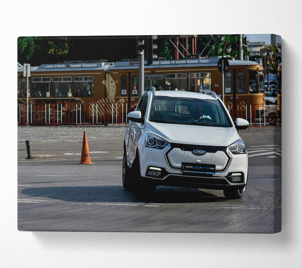  A Canvas Print of White Car Turning Canvas Art