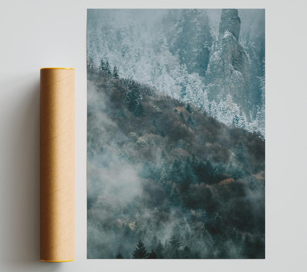 Teal Foggy Peaks Giclee Print