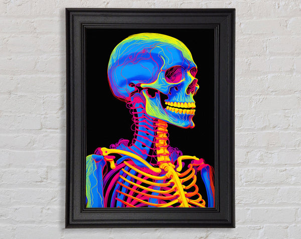 Neon Skeleton Skull Black Framed Print