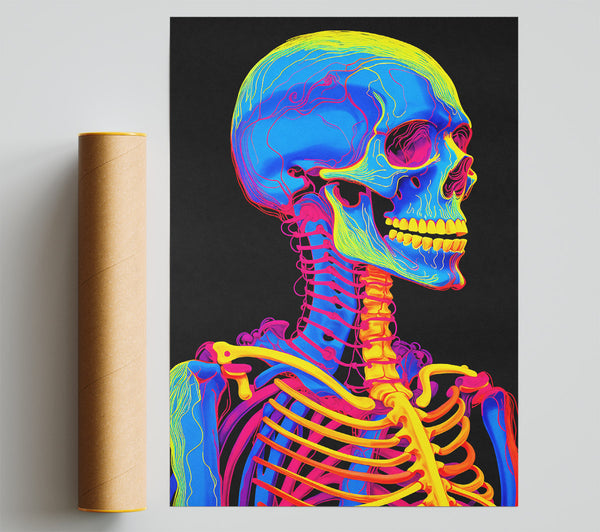 Neon Skeleton Skull Black Poster