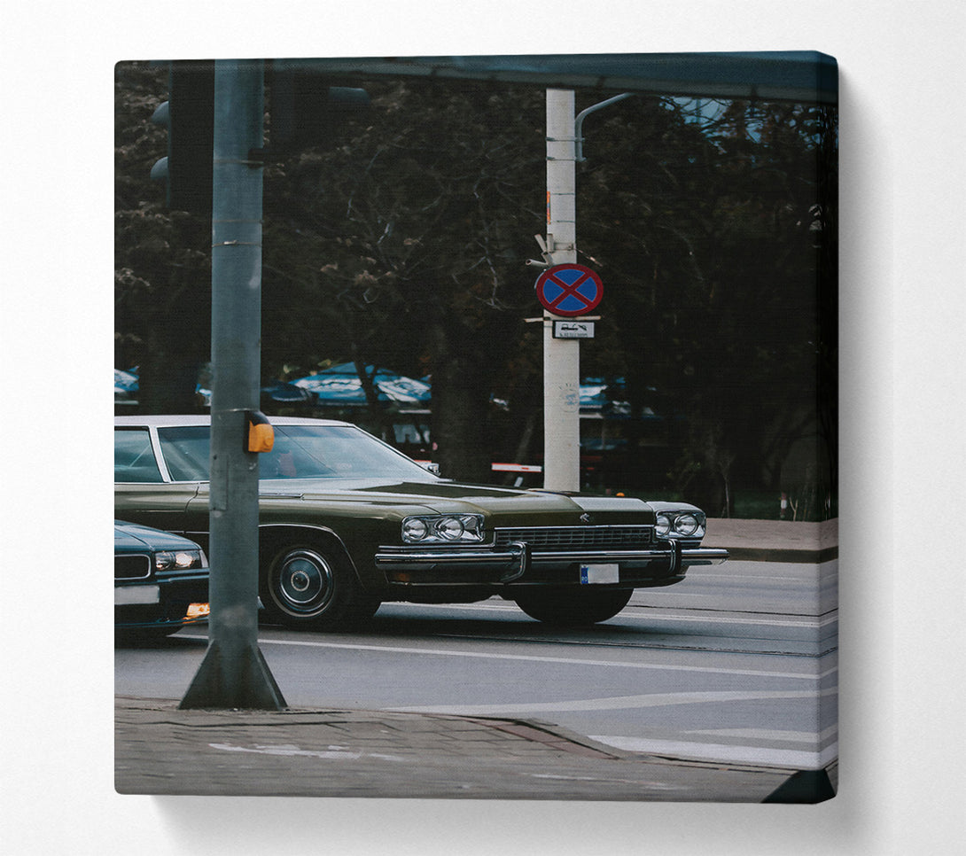  A Canvas Print of Green Sedan At The Light Canvas Wall Art