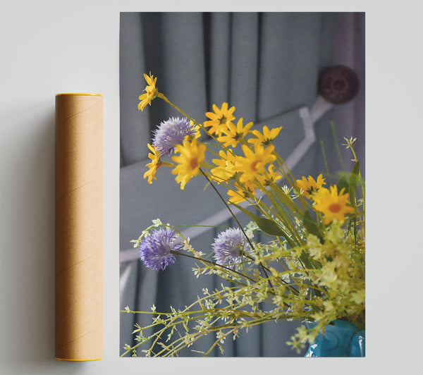 Yellow Blooms On Grey Poster