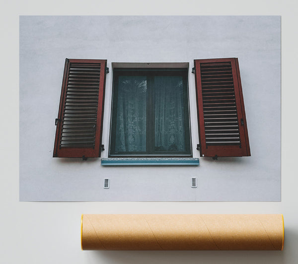 Red Louvered Window View Poster