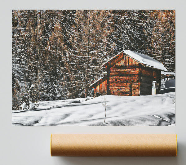 Brown Cabin In The Snow Poster