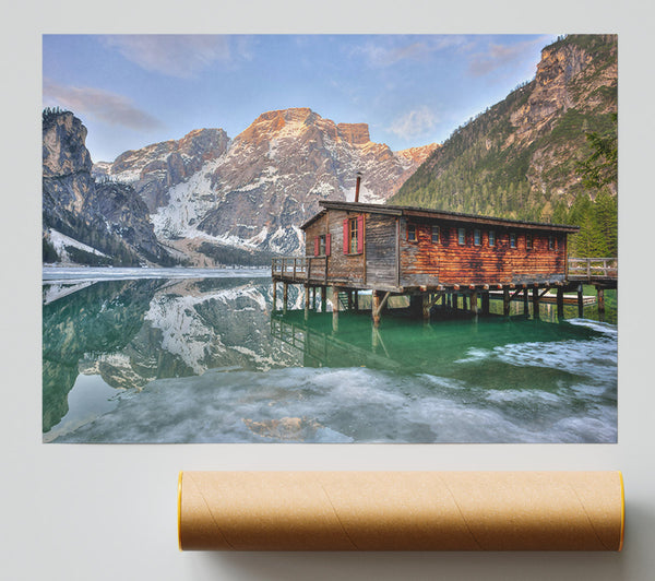 Green Cabin Reflects Mountains Print