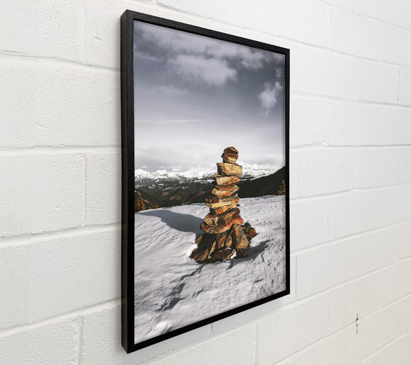 Red Stone Cairn In Snow