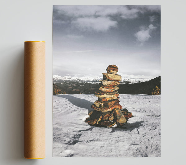 Red Stone Cairn In Snow Print