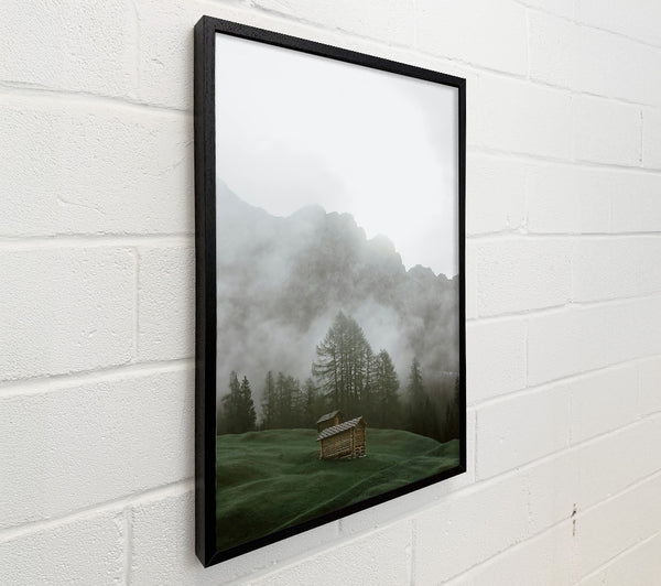 Green Foggy Mountainside Cabins