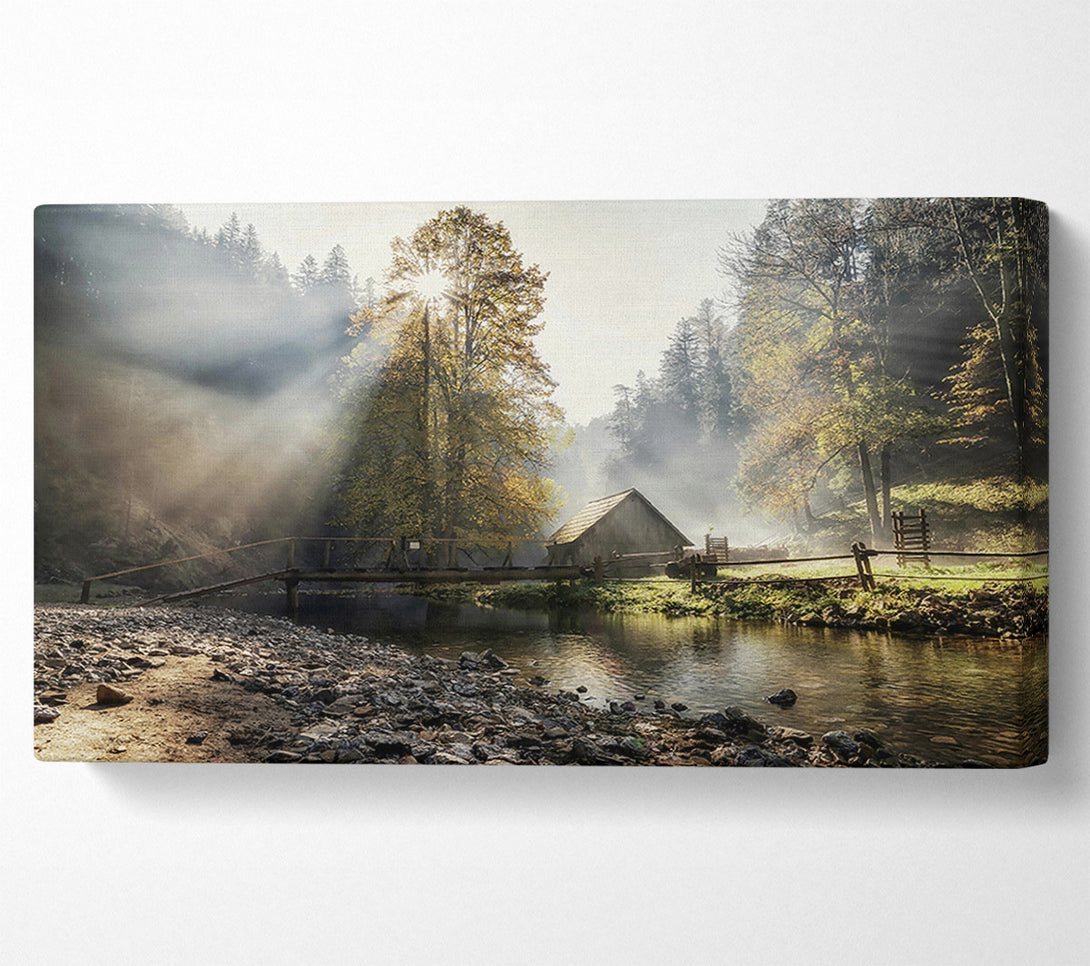  A Canvas Print of Golden Sunbeams Through Mist Canvas Print