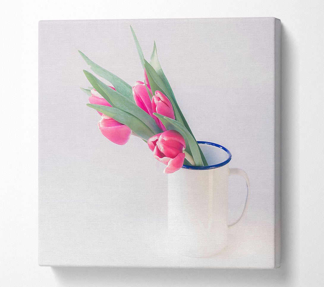  A Canvas Print of Pink Tulips In White Mug Canvas Wall Art