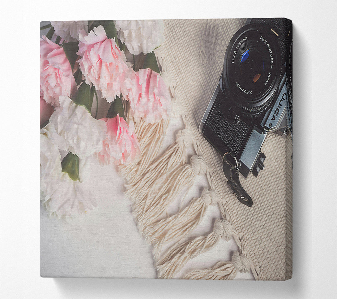  A Canvas Print of Pink Blooms And Film Camera Canvas Print
