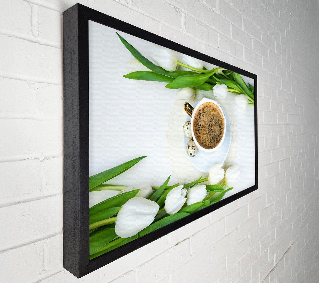  A Canvas Print of White Tulips And Brown Coffee Canvas Wall Art