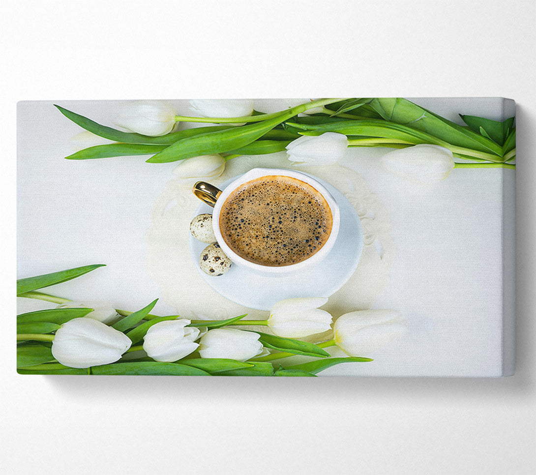  A Canvas Print of White Tulips And Brown Coffee Canvas Wall Art