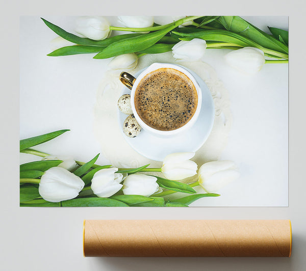 White Tulips And Brown Coffee Poster