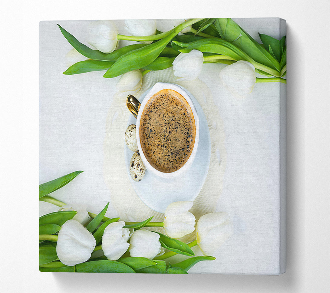  A Canvas Print of White Tulips And Brown Coffee Canvas Wall Art