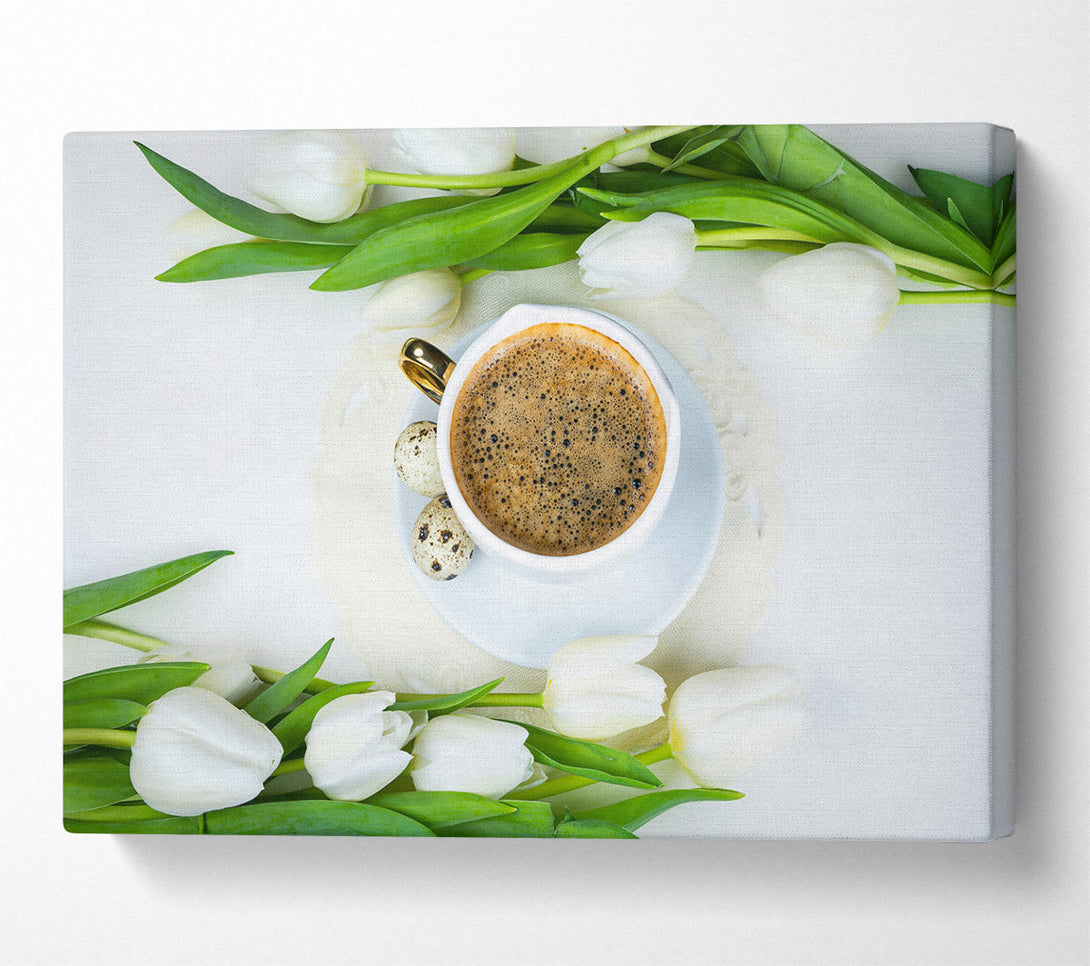  A Canvas Print of White Tulips And Brown Coffee Canvas Wall Art