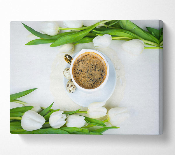  A Canvas Print of White Tulips And Brown Coffee Canvas Wall Art