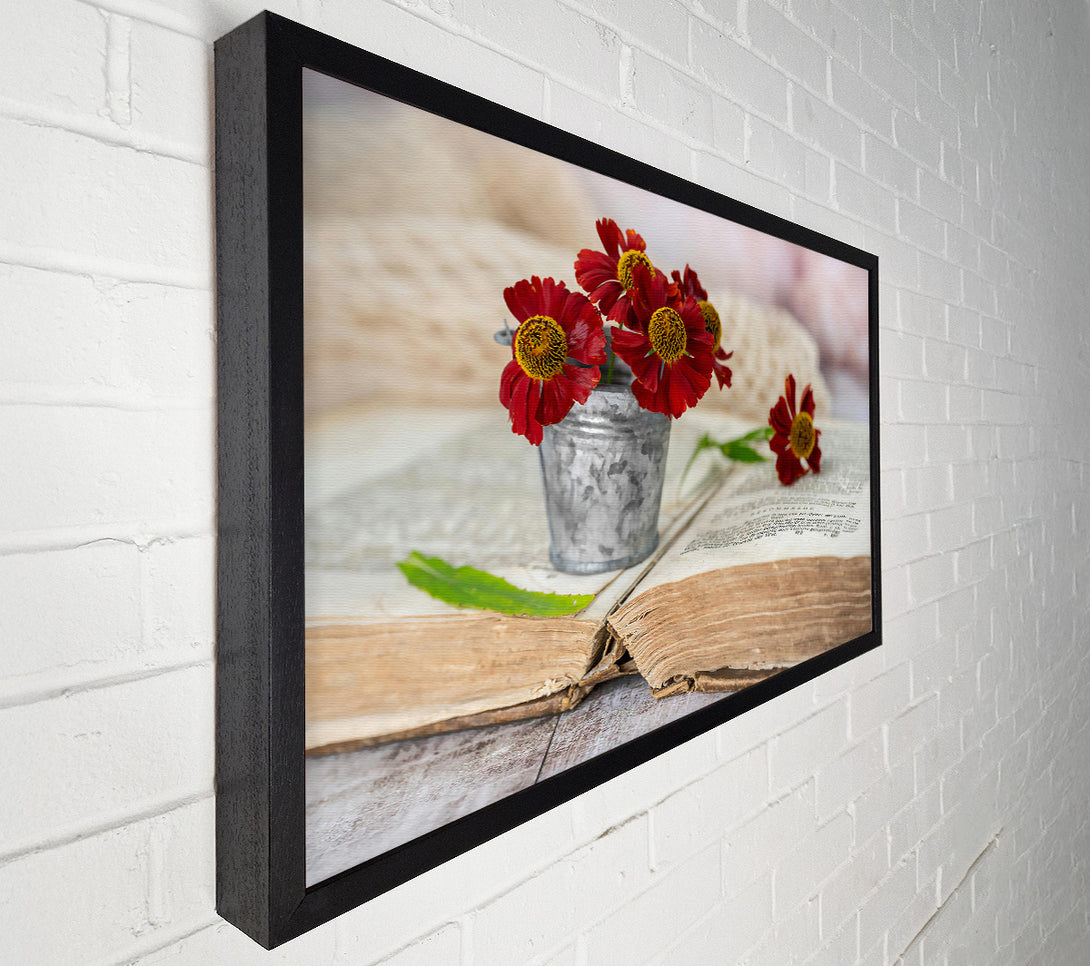  A Canvas Print of Crimson Blooms On Old Book Canvas Wall Art