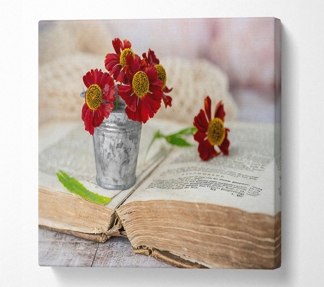  A Canvas Print of Crimson Blooms On Old Book Canvas Wall Art