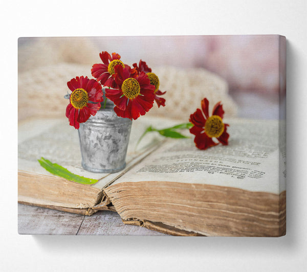  A Canvas Print of Crimson Blooms On Old Book Canvas Wall Art