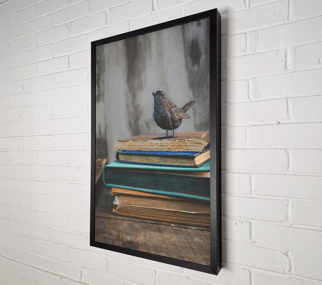  A Canvas Print of Teal Bird On Books Canvas Print