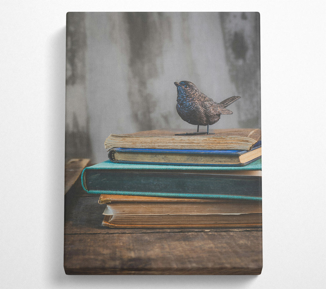 A Canvas Print of Teal Bird On Books Canvas Print
