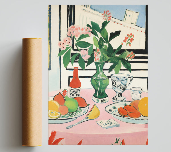 Still Life Flower Vase And Fruit Print