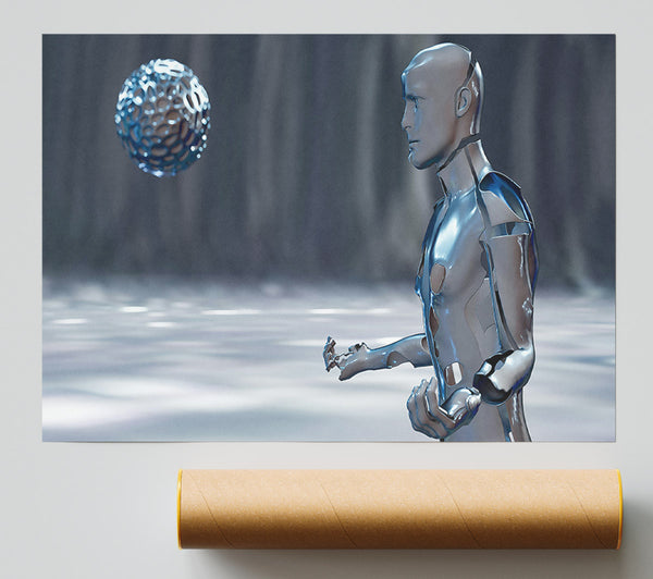 Silver Robot Reaching Poster